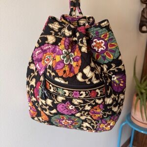 Retired VERA BRADLEY SUZANI Black Multicolored Floral Quilt Bucket Backpack Bag
